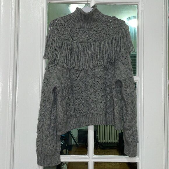Zara long sleeve chunky cable knit turtle neck fringe grey cropped sweater - Picture 2 of 12